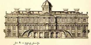 Pen and ink drawing of the Favorite Palace facade, by Michael Ludwig Rohrer.