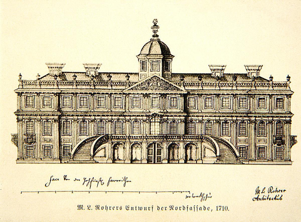 Pen and ink drawing of the Favorite Palace facade, by Michael Ludwig Rohrer