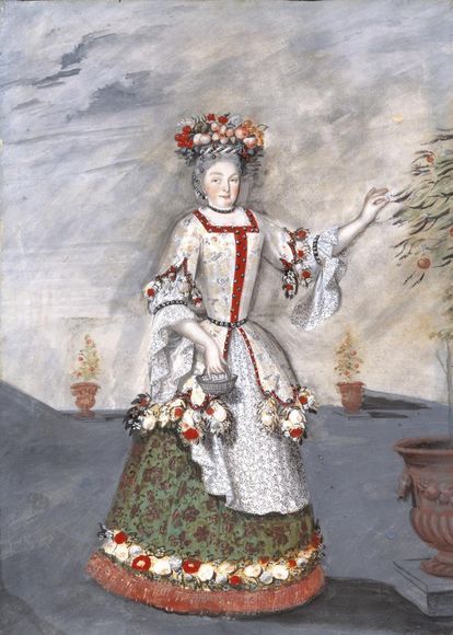 Sibylla Augusta en tenue de jardinière, peinture au château de la Favorite 