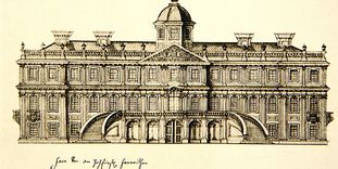 Federzeichnung der Fassade von Schloss Favorite von Michael Ludwig Rohrer