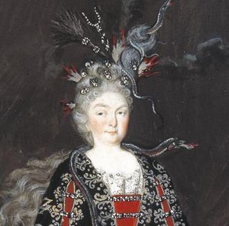 Portrait en costume de la margrave Sibylla Augusta en tenue de magicienne au château de la Favorite de Rastatt 